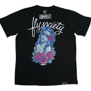 Fly Society Graphic T-Shirt Mens Large Black New Day of the Dead Sugar Skull